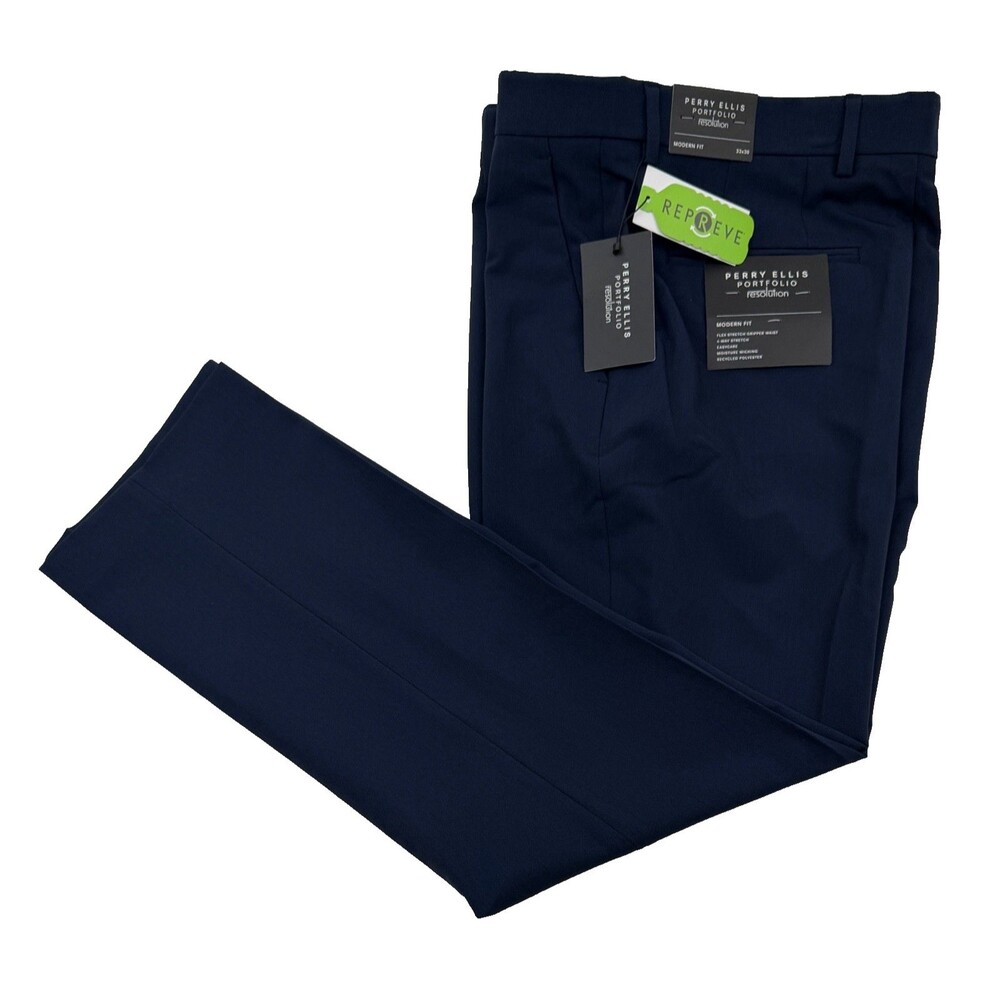 $95 NEW PERRY ELLIS PORTFOLIO Mens 33x30 Solid Navy Trousers/Dress Pants/Slacks
